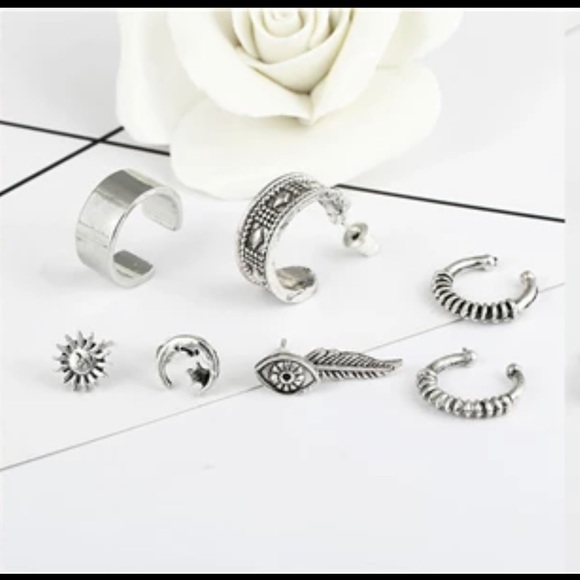 Silver Boho Cuff Leaf Moon Stud Earrings Set of 8 - Picture 3 of 3